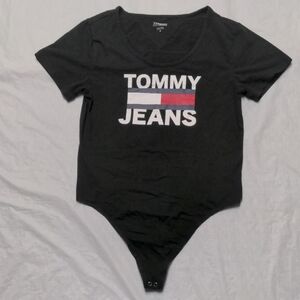 Tommy Hilfiger Y2K Black Big Flag Logo Thong Bodysuit NWOT Sz M
